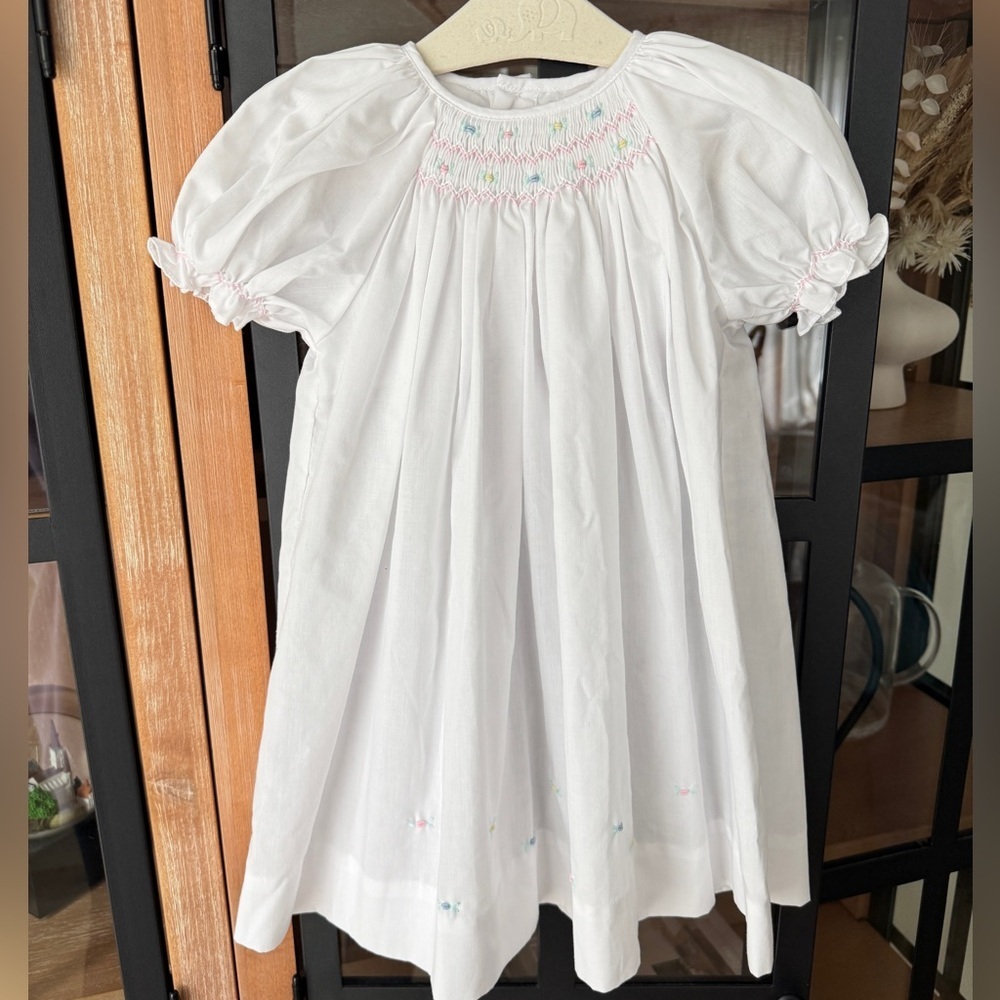 Petit Ami smocked dress heirloom flowers hand embroidered baby girl puff sleeve